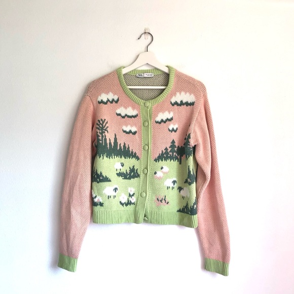 Zara Pink and Light Green Scenic Knit Cardigan - Picture 2 of 13